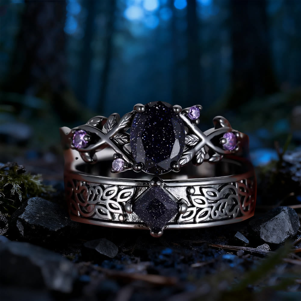 WorldNorse 2-teiliges Ringset mit Blättern aus blauem Sandstein - Blauer Sandstein & Amethyst - 62mm - image 0
