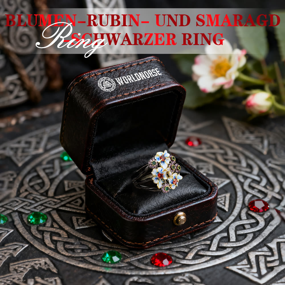 WorldNorse Flower Rubin & Smaragd Schwarzer Ring - image 2