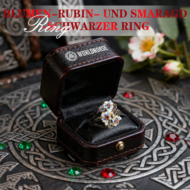 WorldNorse Flower Rubin & Smaragd Schwarzer Ring - image 2