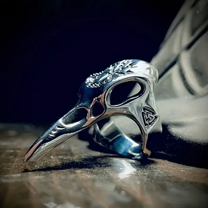 WorldNorse Herren-Ring mit Krähenschädel und Vegvisir