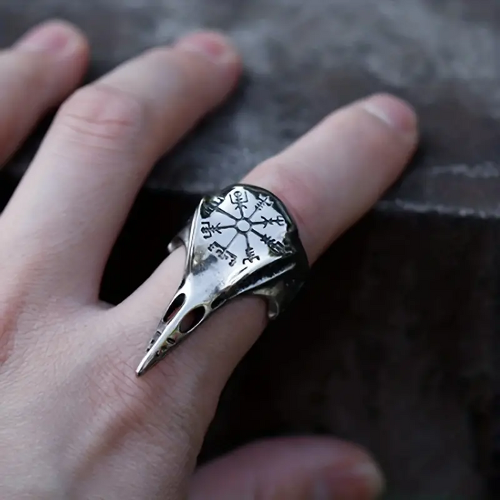 WorldNorse Herren-Ring mit Krähenschädel und Vegvisir
