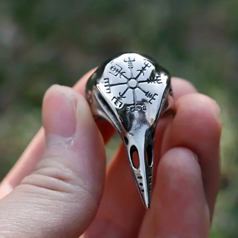 WorldNorse Herren-Ring mit Krähenschädel und Vegvisir