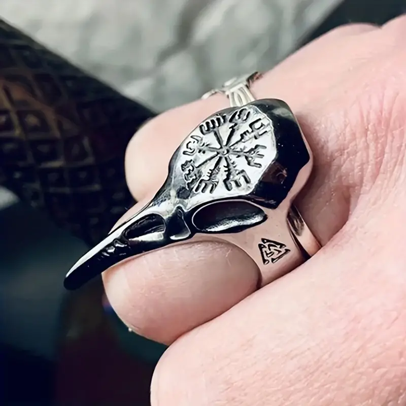 WorldNorse Herren-Ring mit Krähenschädel und Vegvisir