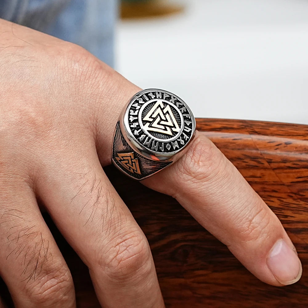 WorldNorse Runes Valknut Dreieck Edelstahl Wikinger Ring - image 1