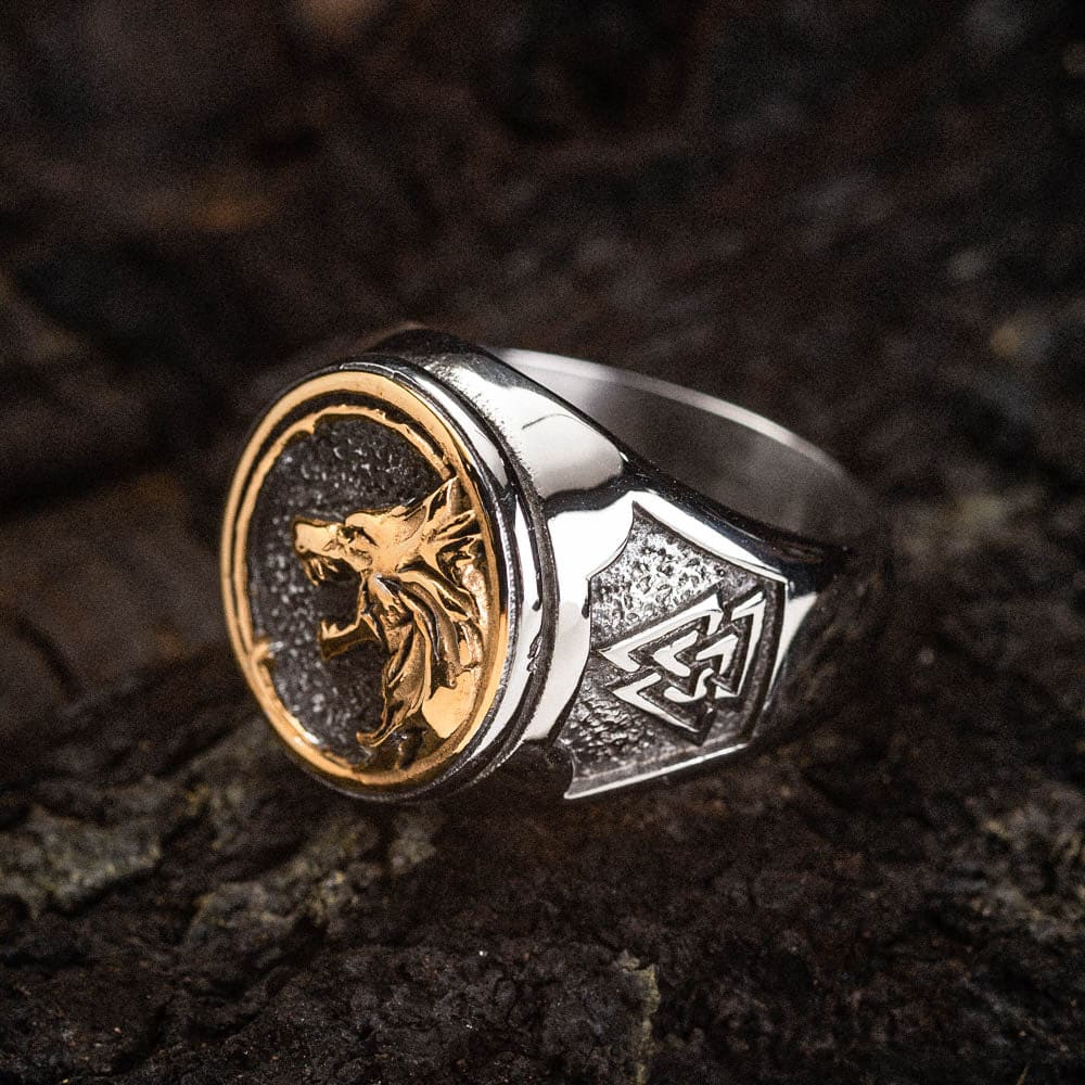 WorldNorse Zweifarbiger Valknut mit Wölfen Wikingerring