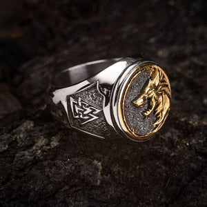 WorldNorse Zweifarbiger Valknut mit Wölfen Wikingerring