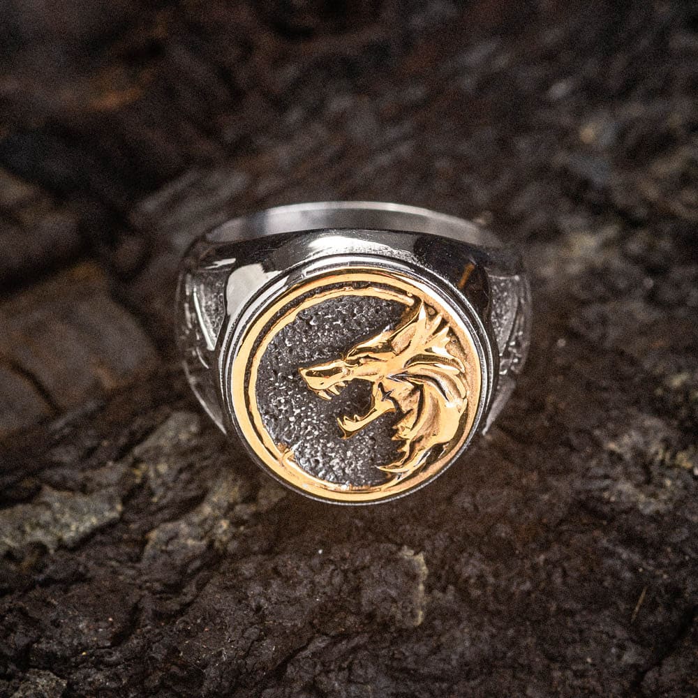 WorldNorse Zweifarbiger Valknut mit Wölfen Wikingerring