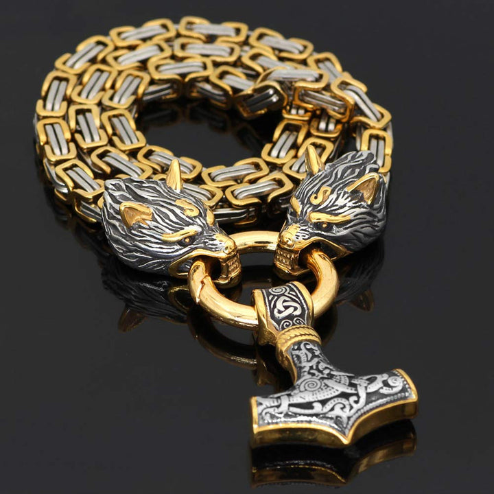 WorldNorse Vintage Wikinger Mjölnir mit Wölfen Halskette & Armband
