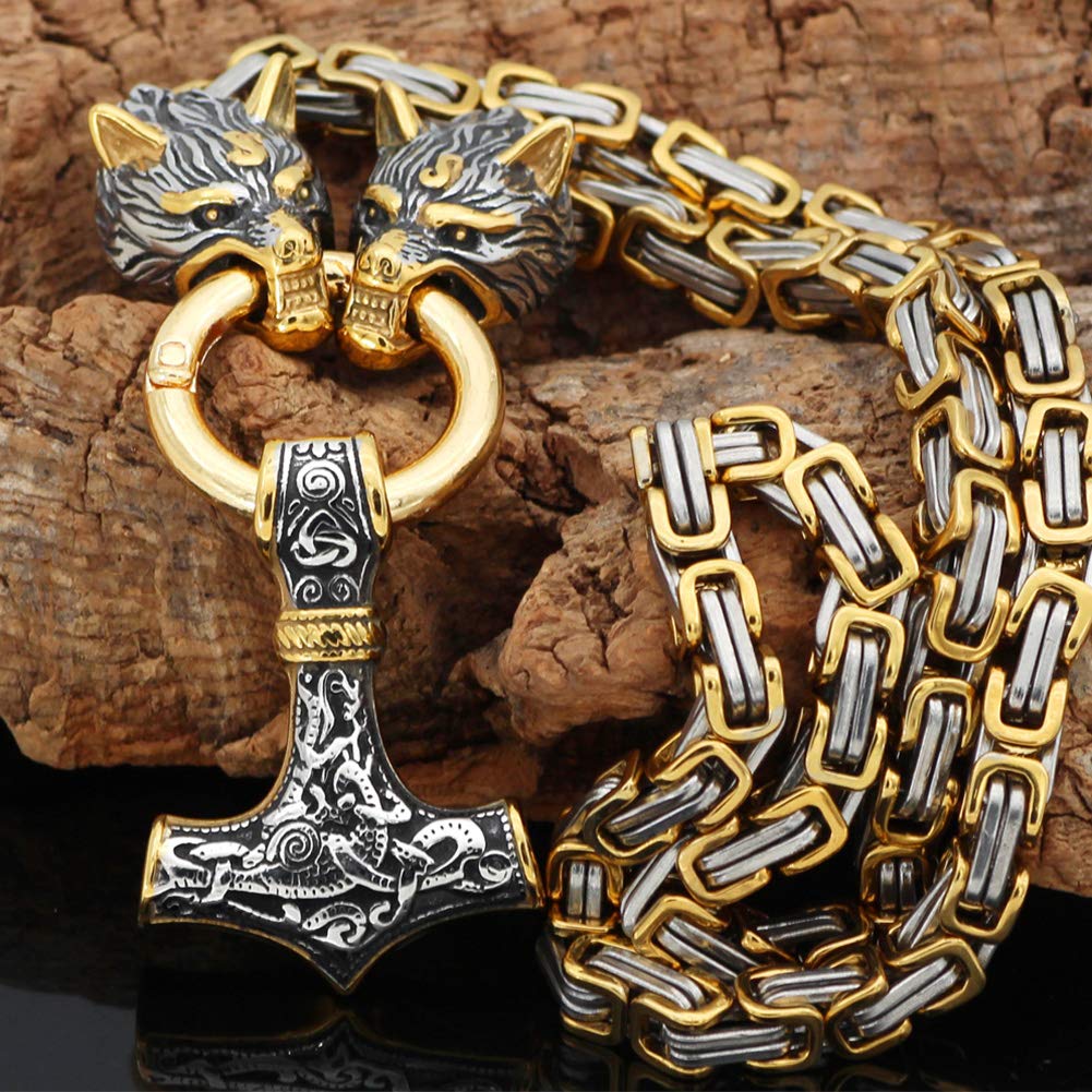 WorldNorse Vintage Wikinger Mjölnir mit Wölfen Halskette & Armband - Goldene Halskette - image 14