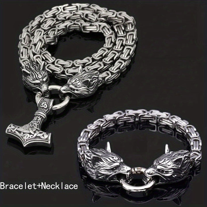 WorldNorse Vintage Wikinger Mjölnir mit Wölfen Halskette & Armband - Silberset - image 25