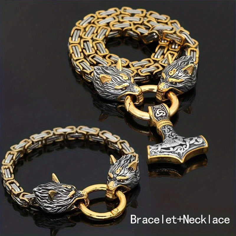 WorldNorse Vintage Wikinger Mjölnir mit Wölfen Halskette & Armband - Gold Set - image 26