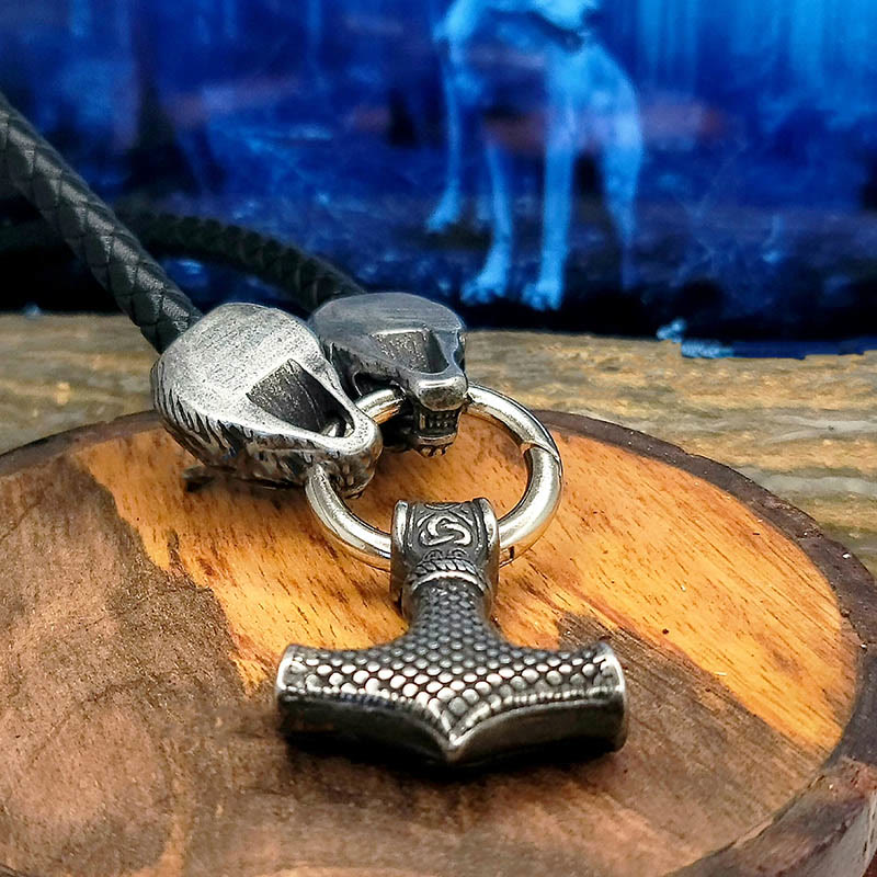 WorldNordische Wikinger-Halskette mit Wolf und Lederseil , Mjölnir