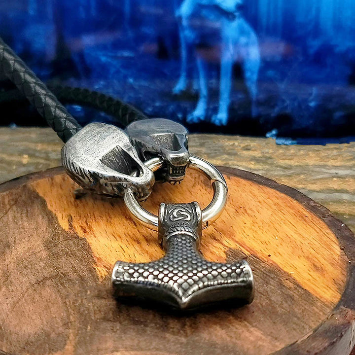 WorldNordische Wikinger-Halskette mit Wolf und Lederseil , Mjölnir