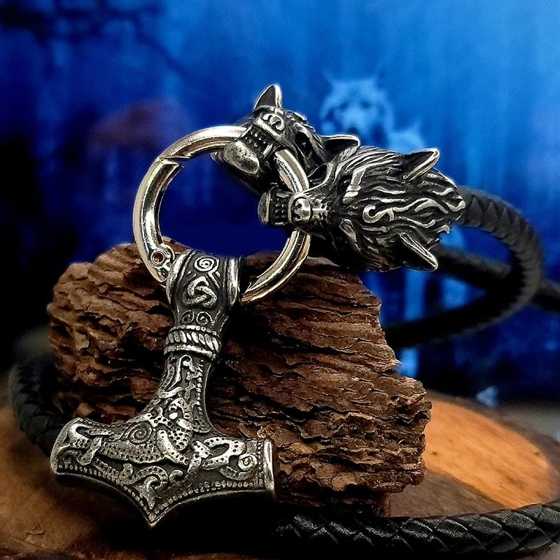 WorldNordische Wikinger-Halskette mit Wolf und Lederseil , Mjölnir