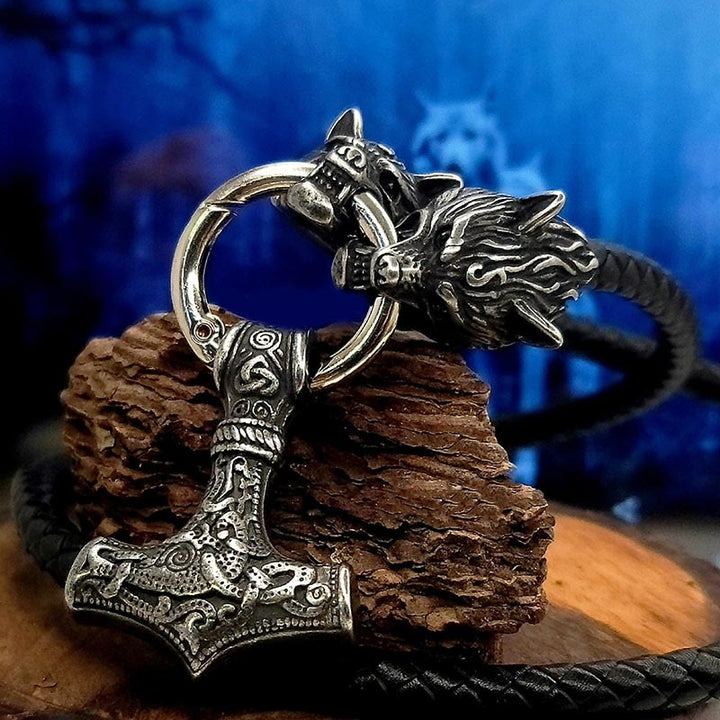 WorldNordische Wikinger-Halskette mit Wolf und Lederseil , Mjölnir