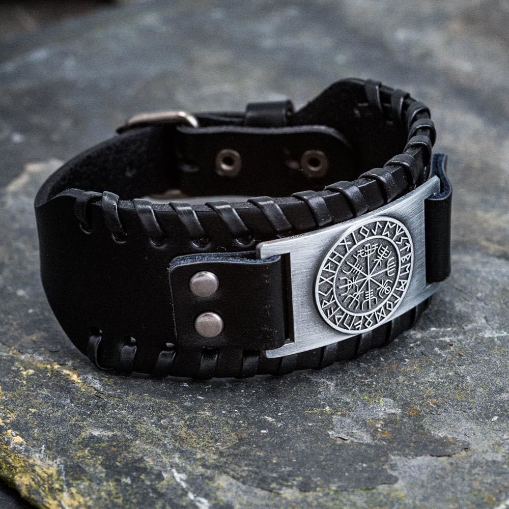 WorldNorse Armmanschette aus echtem Leder mit Schnalle , Vegvisir Metallarmband