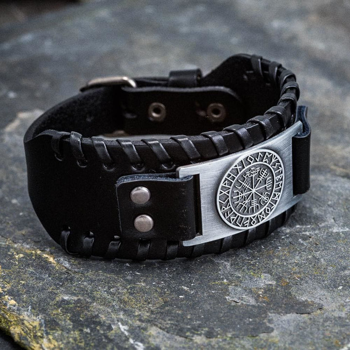 WorldNorse Armmanschette aus echtem Leder mit Schnalle , Vegvisir Metallarmband