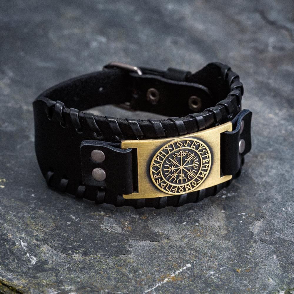 WorldNorse Armmanschette aus echtem Leder mit Schnalle , Vegvisir Metallarmband - Retro Bronze+Schwarzes Leder - image 8