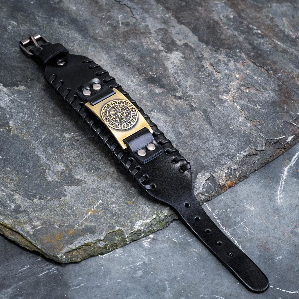WorldNorse Armmanschette aus echtem Leder mit Schnalle , Vegvisir Metallarmband