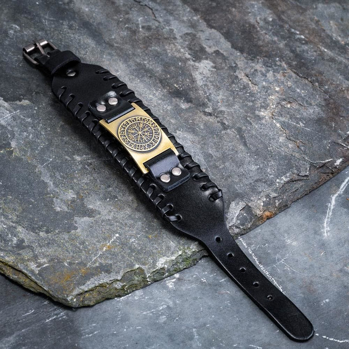 WorldNorse Armmanschette aus echtem Leder mit Schnalle , Vegvisir Metallarmband