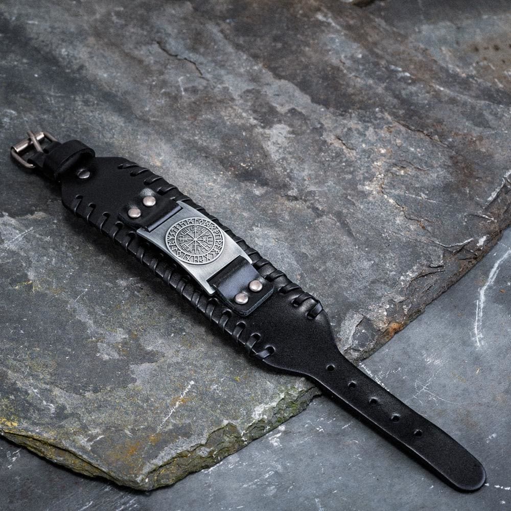 WorldNorse Armmanschette aus echtem Leder mit Schnalle , Vegvisir Metallarmband - image 6