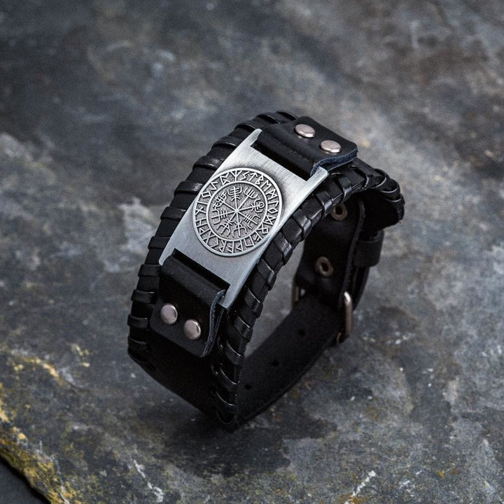 WorldNorse Armmanschette aus echtem Leder mit Schnalle , Vegvisir Metallarmband