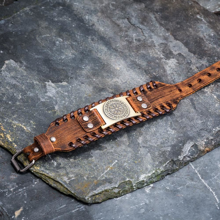 WorldNorse Armmanschette aus echtem Leder mit Schnalle , Vegvisir Metallarmband