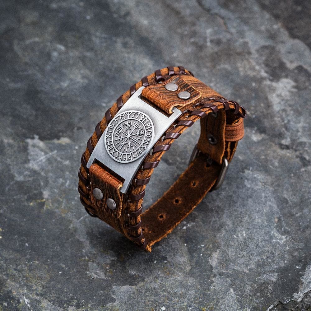 WorldNorse Armmanschette aus echtem Leder mit Schnalle , Vegvisir Metallarmband