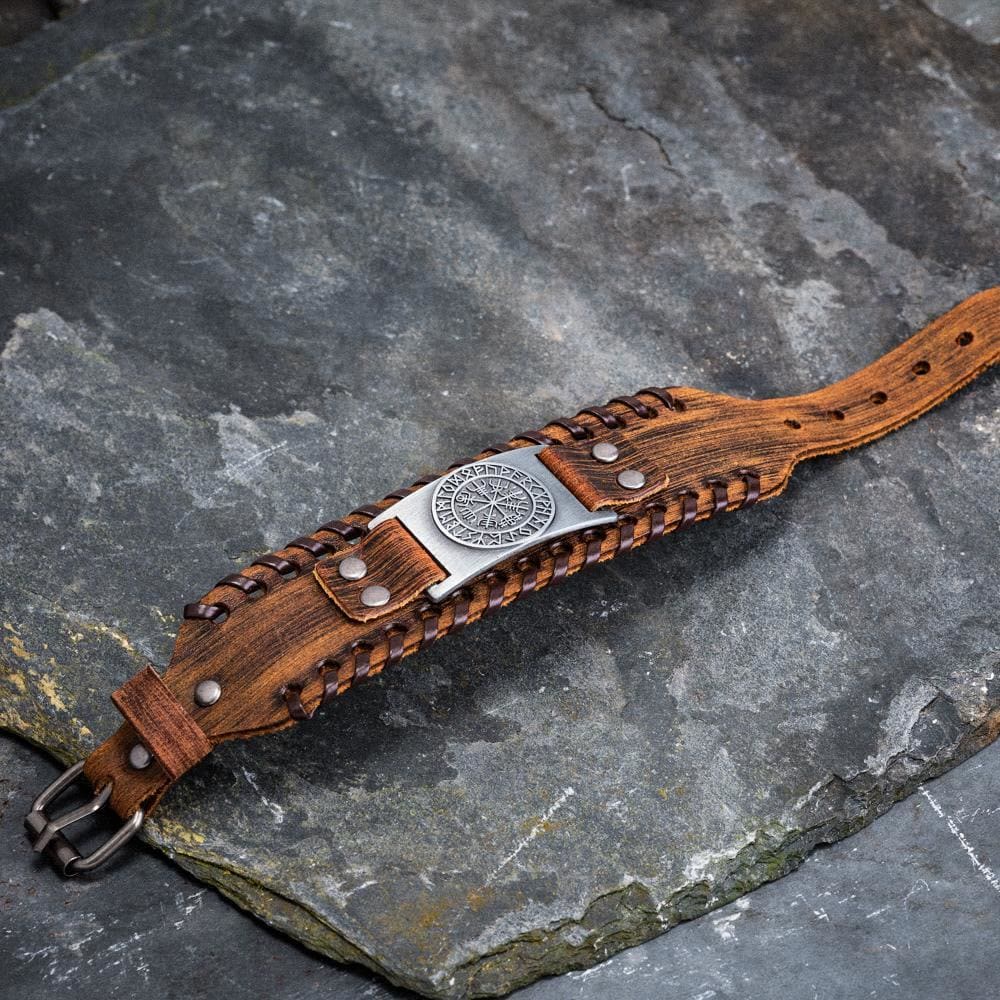 WorldNorse Armmanschette aus echtem Leder mit Schnalle , Vegvisir Metallarmband