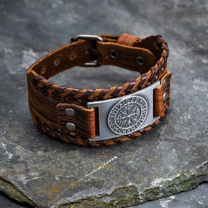 WorldNorse Armmanschette aus echtem Leder mit Schnalle , Vegvisir Metallarmband - Retro Silber + Braun Leder - image 13