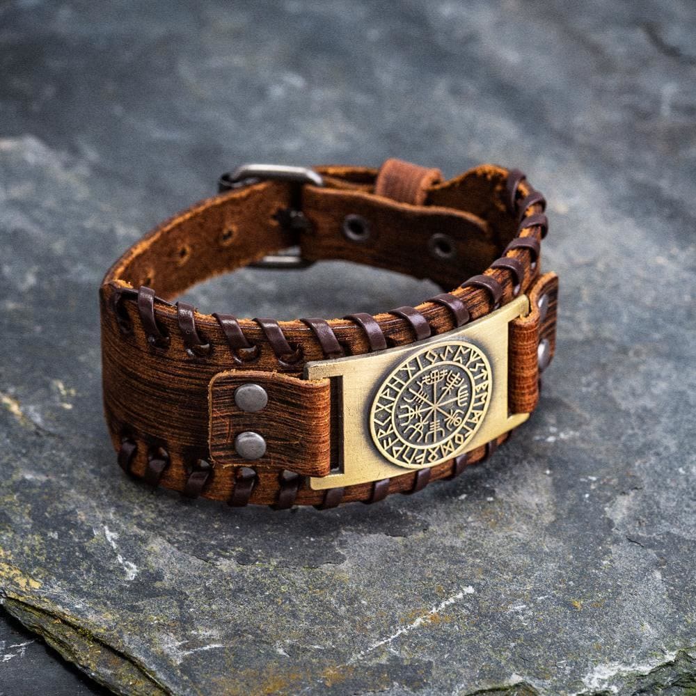 WorldNorse Armmanschette aus echtem Leder mit Schnalle , Vegvisir Metallarmband - Retro Bronze+Braun Leder - image 10