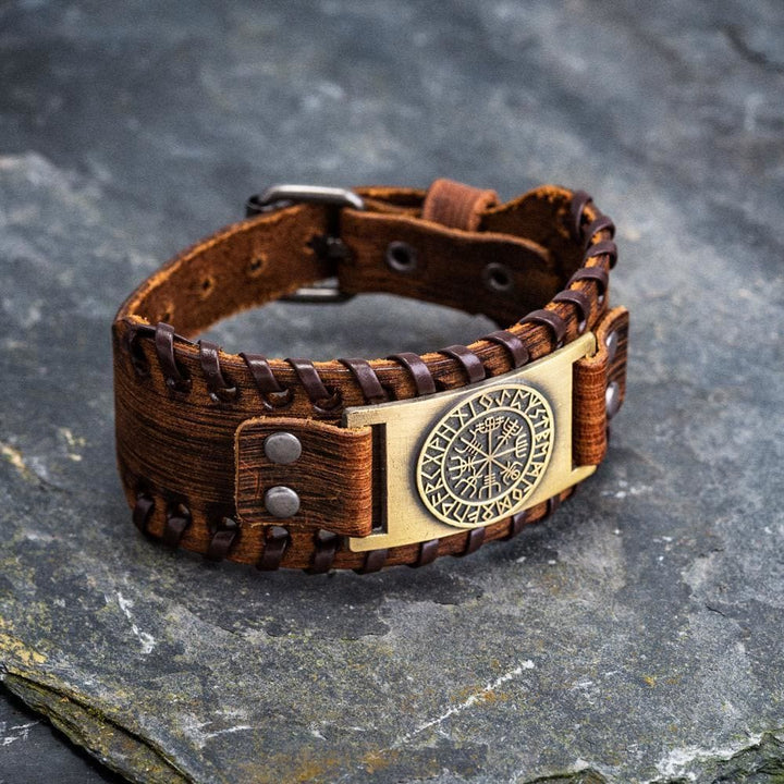 WorldNorse Armmanschette aus echtem Leder mit Schnalle , Vegvisir Metallarmband - Retro Bronze+Braun Leder - image 10