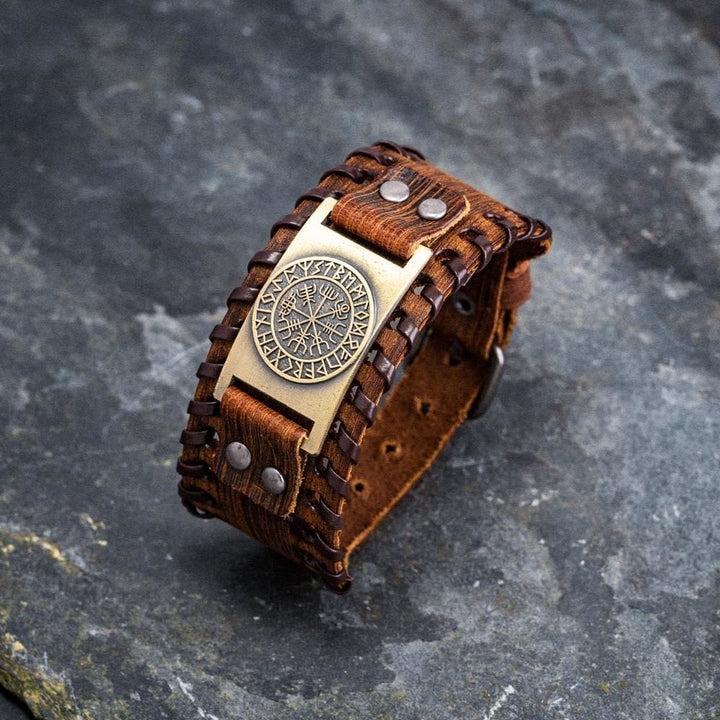 WorldNorse Armmanschette aus echtem Leder mit Schnalle , Vegvisir Metallarmband