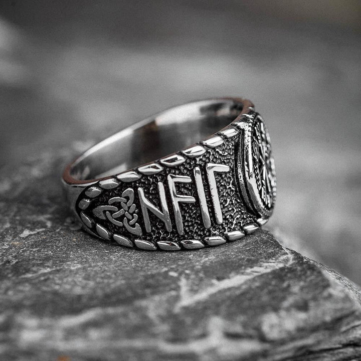 WorldNorse Wikingerring aus Edelstahl mit Vegvisir und Runen