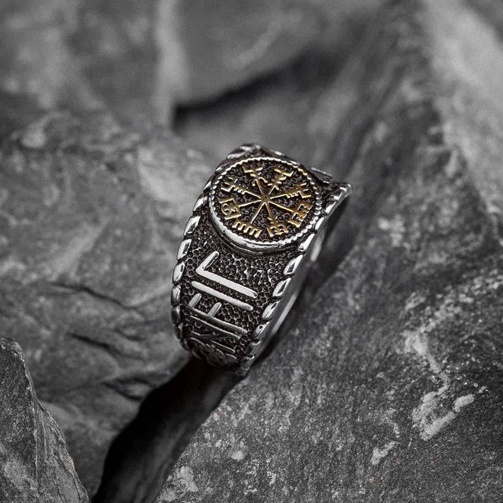 WorldNorse Wikingerring aus Edelstahl mit Vegvisir und Runen