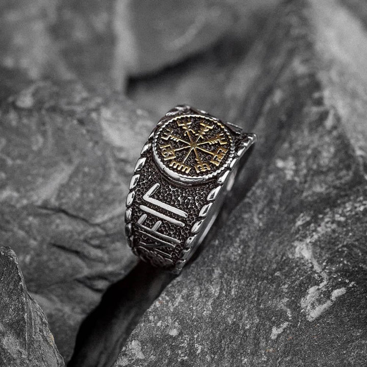 WorldNorse Wikingerring aus Edelstahl mit Vegvisir und Runen