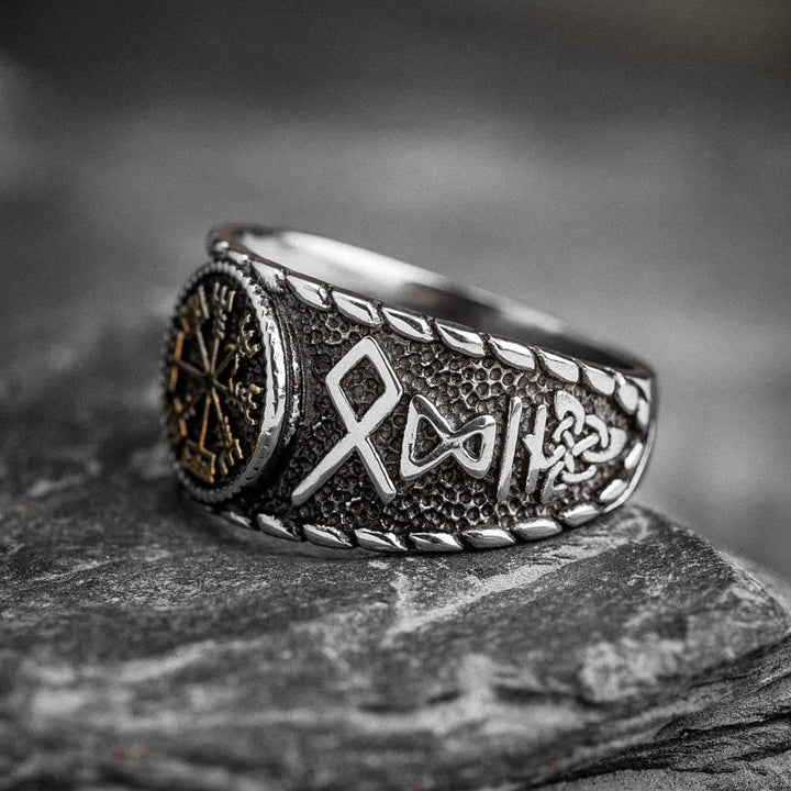 WorldNorse Wikingerring aus Edelstahl mit Vegvisir und Runen