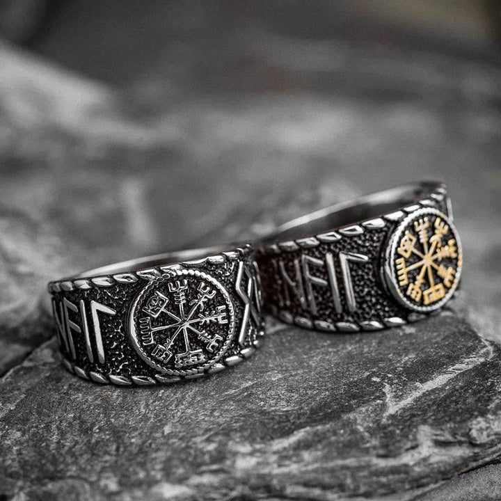 WorldNorse Wikingerring aus Edelstahl mit Vegvisir und Runen