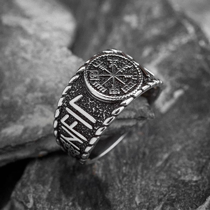 WorldNorse Wikingerring aus Edelstahl mit Vegvisir und Runen
