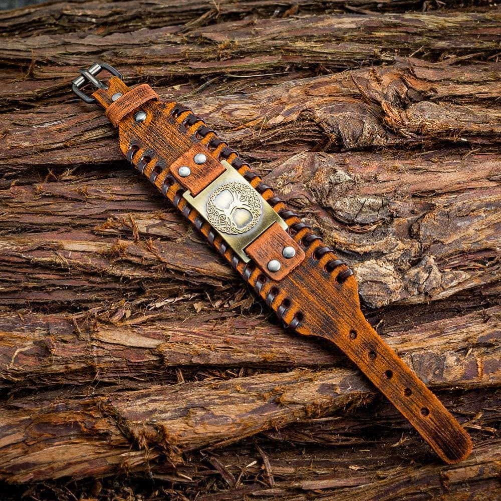 WorldNorse Armreif aus echtem Leder mit Schnalle und Yggdrasil -Metallarmband