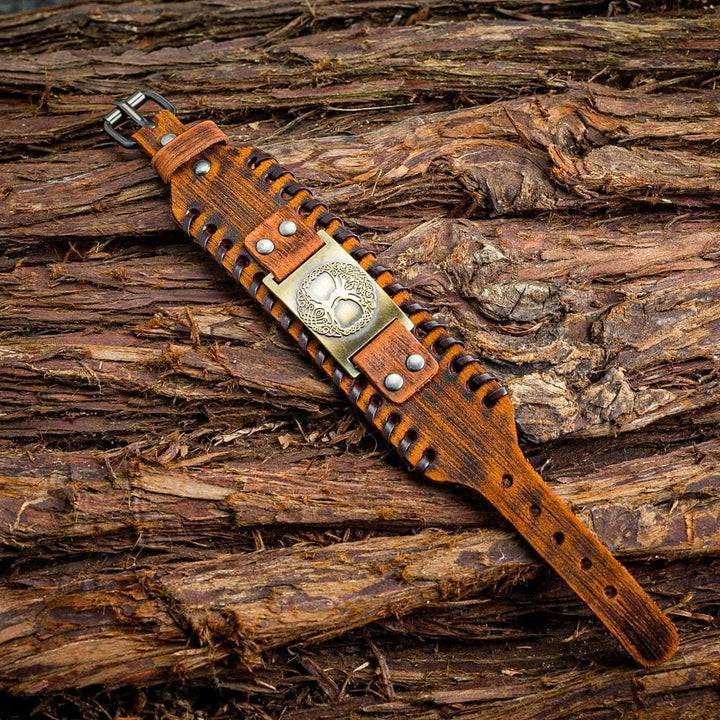 WorldNorse Armreif aus echtem Leder mit Schnalle und Yggdrasil -Metallarmband