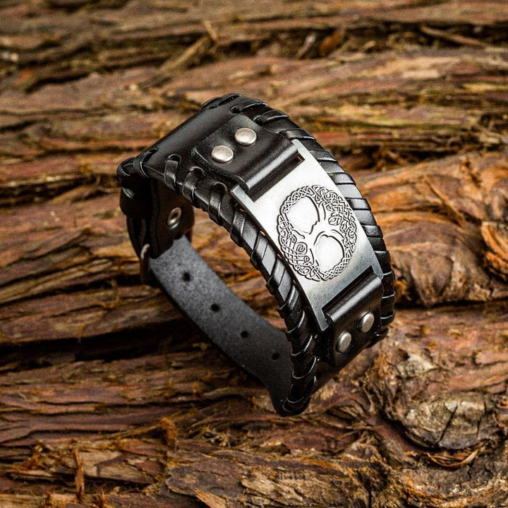 WorldNorse Armreif aus echtem Leder mit Schnalle und Yggdrasil -Metallarmband