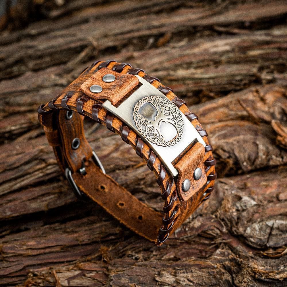 WorldNorse Armreif aus echtem Leder mit Schnalle und Yggdrasil -Metallarmband