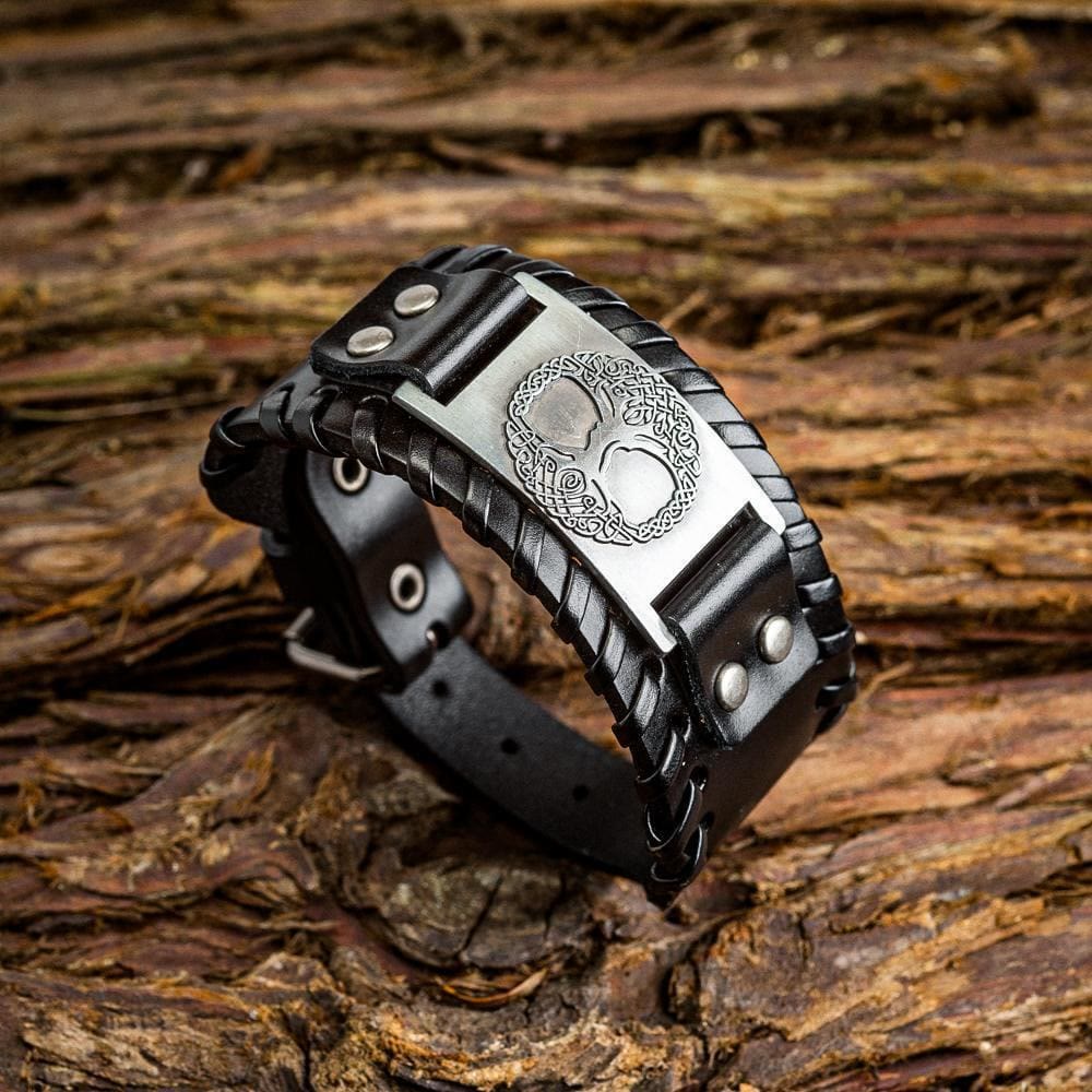 WorldNorse Armreif aus echtem Leder mit Schnalle und Yggdrasil -Metallarmband