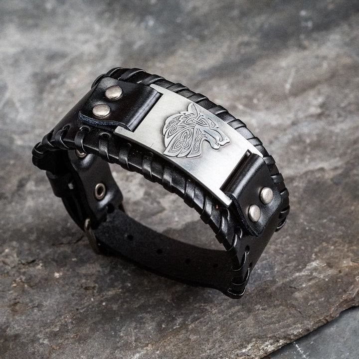 WorldNorse Armreif aus echtem Leder mit Schnalle, Wölfe, Metallarmband