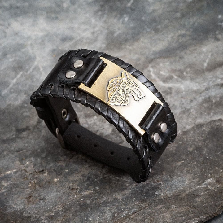 WorldNorse Armreif aus echtem Leder mit Schnalle, Wölfe, Metallarmband