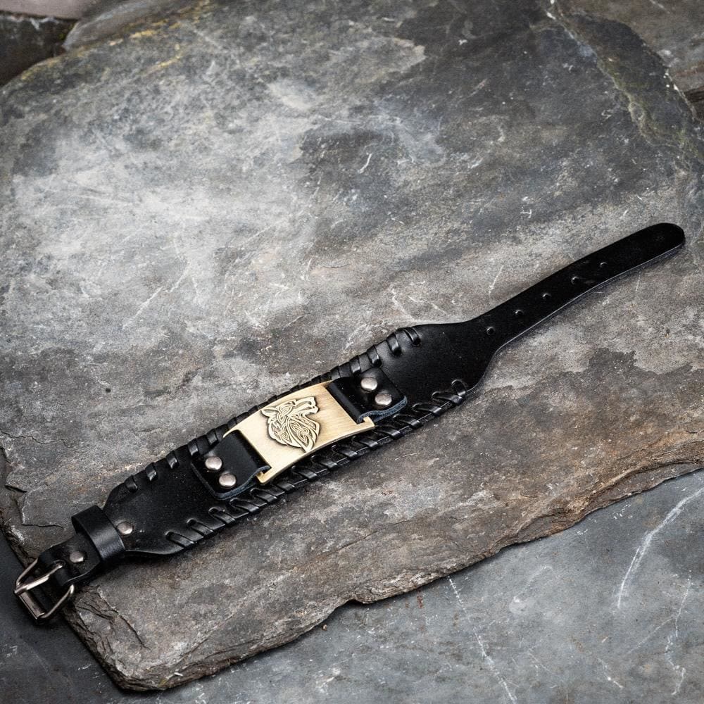 WorldNorse Armreif aus echtem Leder mit Schnalle, Wölfe, Metallarmband