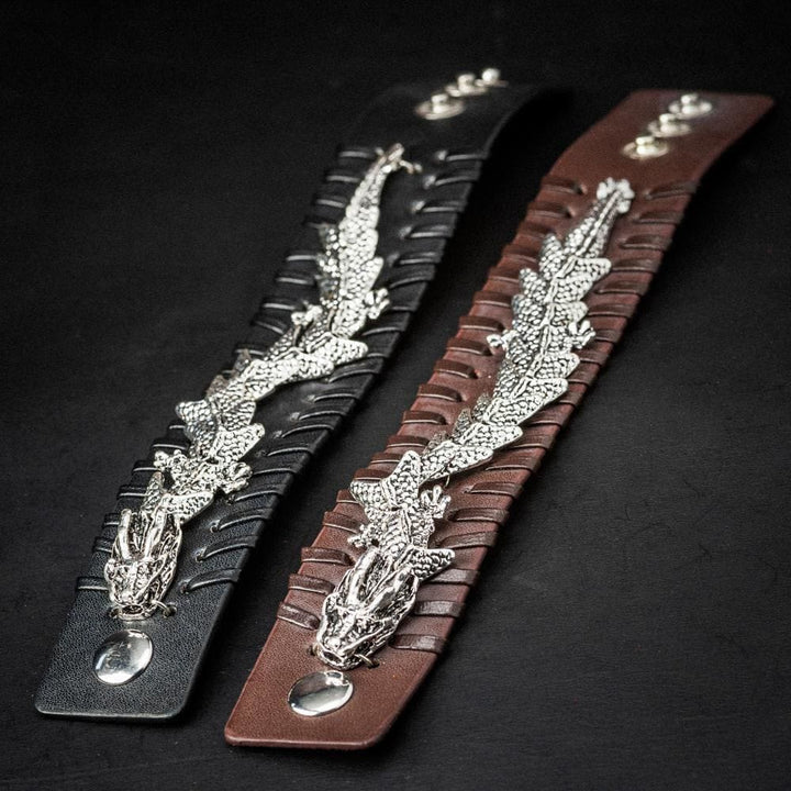 WorldNorse Lederarmband mit Drachen-Armreif, Jormungandr -Metalldesign
