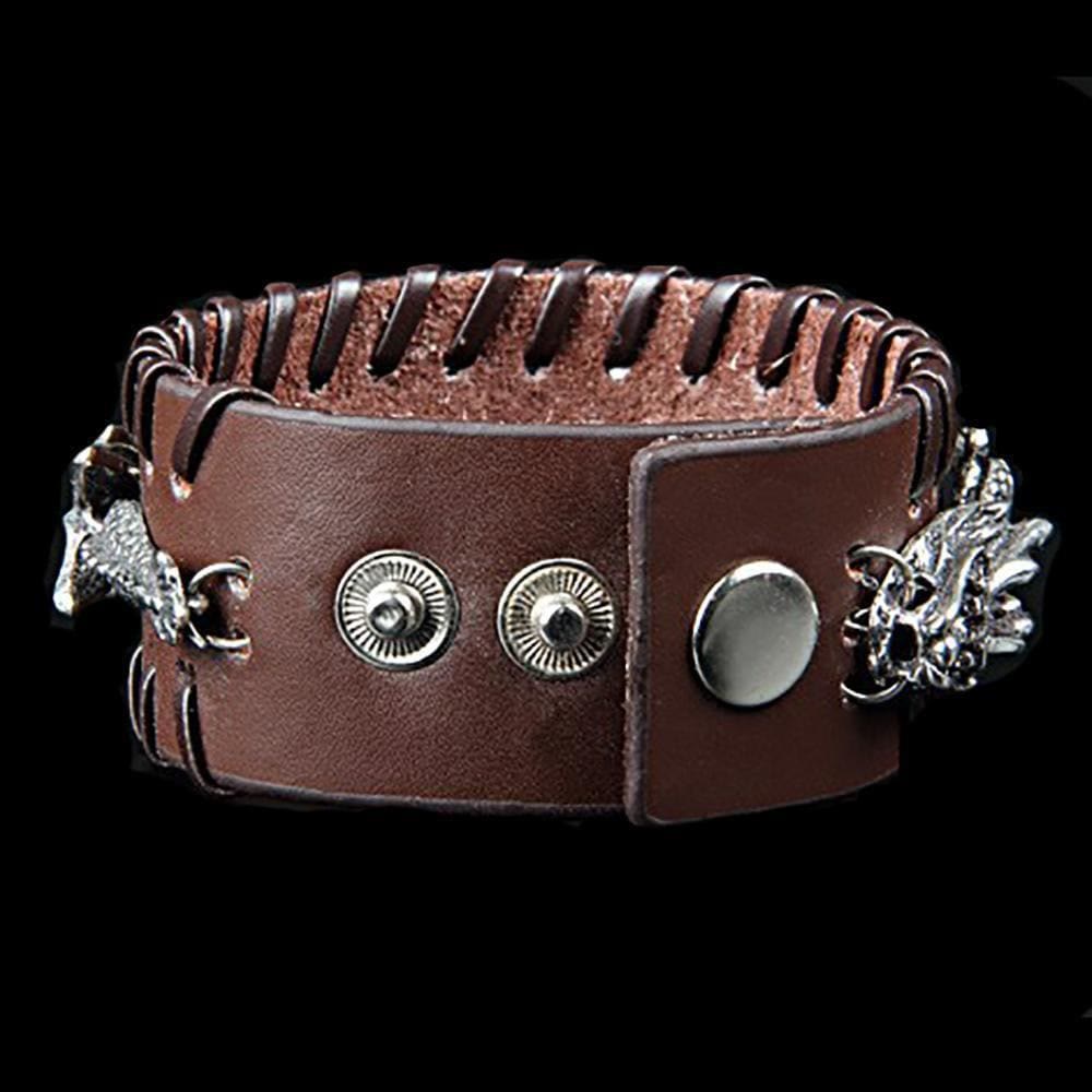 WorldNorse Lederarmband mit Drachen-Armreif, Jormungandr -Metalldesign