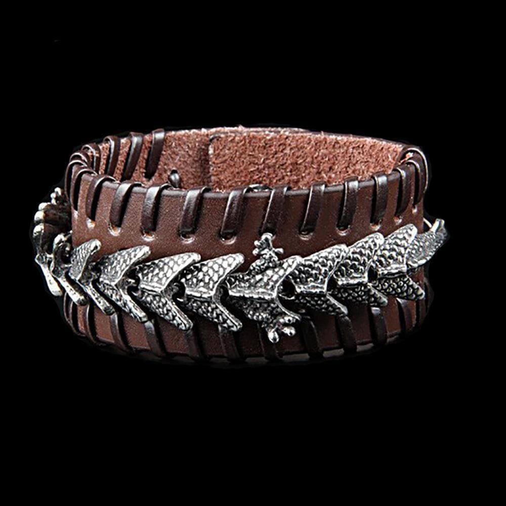 WorldNorse Lederarmband mit Drachen-Armreif, Jormungandr -Metalldesign